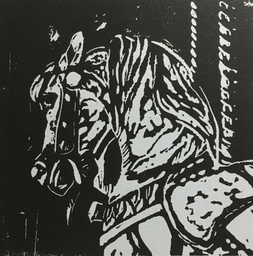 Black and white carousel horse hand pulled dry point etching limited edition print